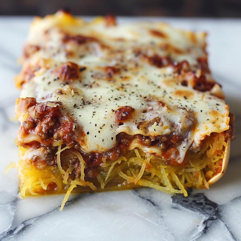 Close-up of a portion of spaghetti squash lasagna casserole on a white marble surface, showcasing its rich layers and textures.