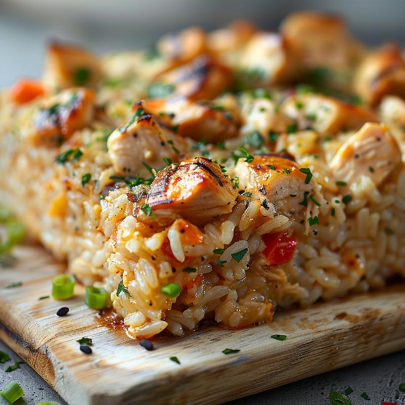Close-up of a serving of chicken and rice casserole on a wooden board, showcasing its creamy texture.