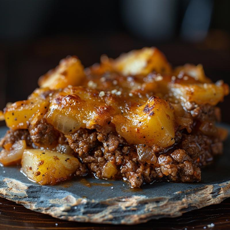 Close-up of hobo casserole with ground beef on a rustic chipped slate plate, showcasing rich textures.