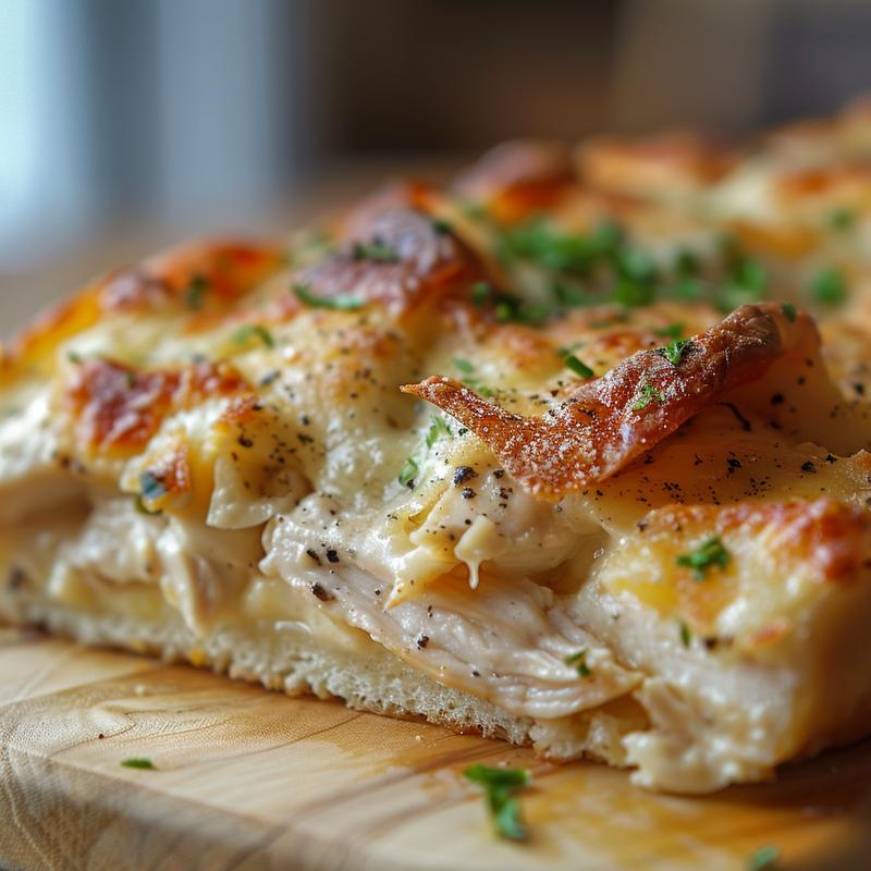 Close-up of a golden, cheesy chicken casserole on a light wood board.