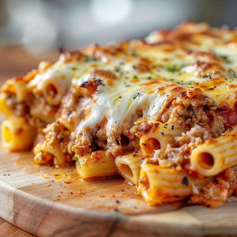 Close-up of a cheesy baked ziti portion on a wooden board.