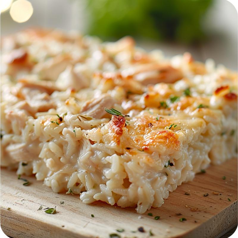 Close-up of creamy Ritz chicken and rice casserole served on a natural wood board.