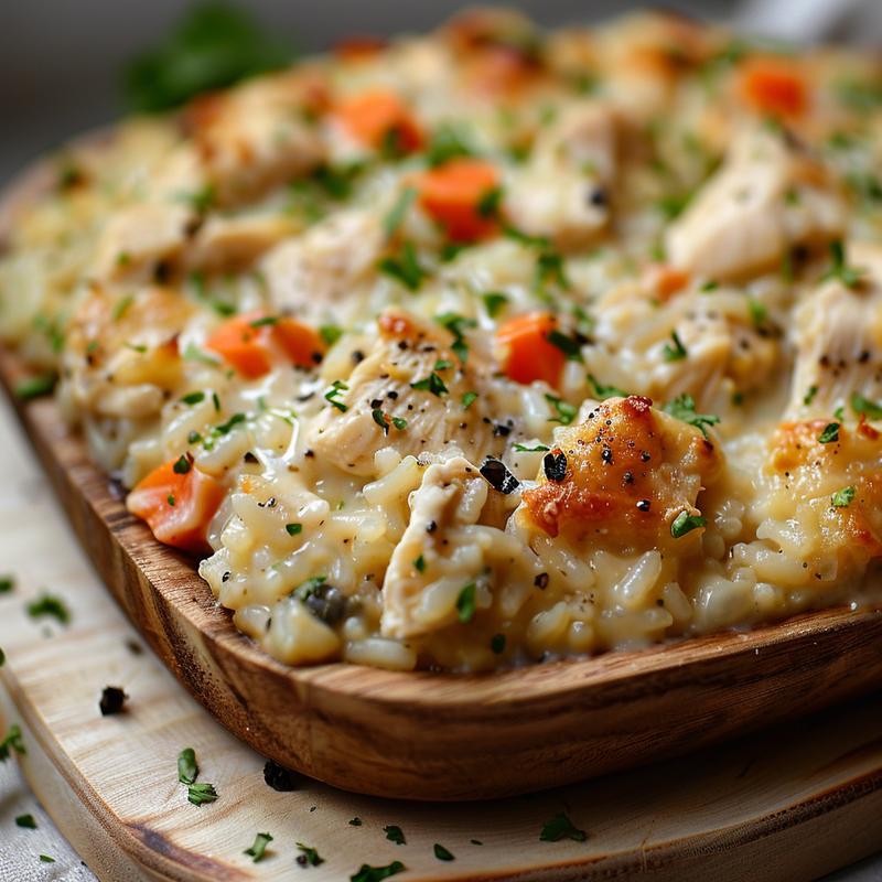 Close-up of a creamy chicken and rice casserole served on a light wood board.