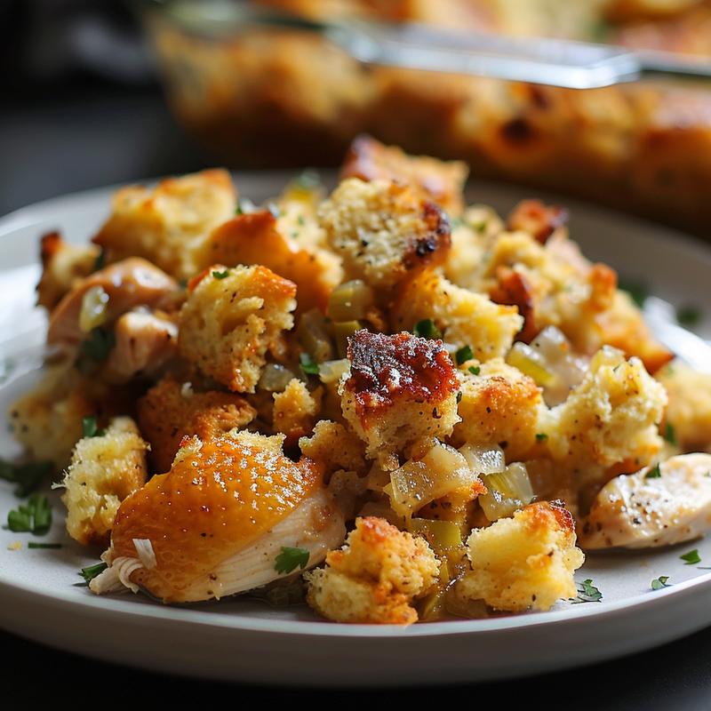 Close-up of a delicious portion of chicken and stuffing casserole on a light grey ceramic plate.
