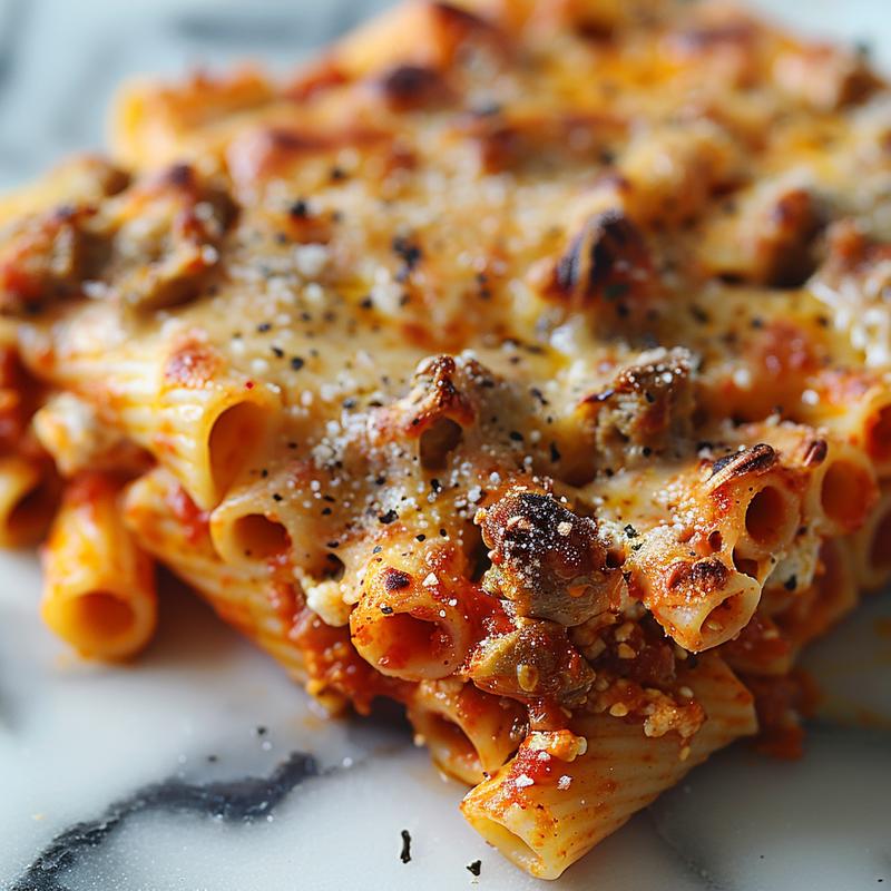 Close-up of a delicious portion of vegetarian baked ziti on a white marble surface.