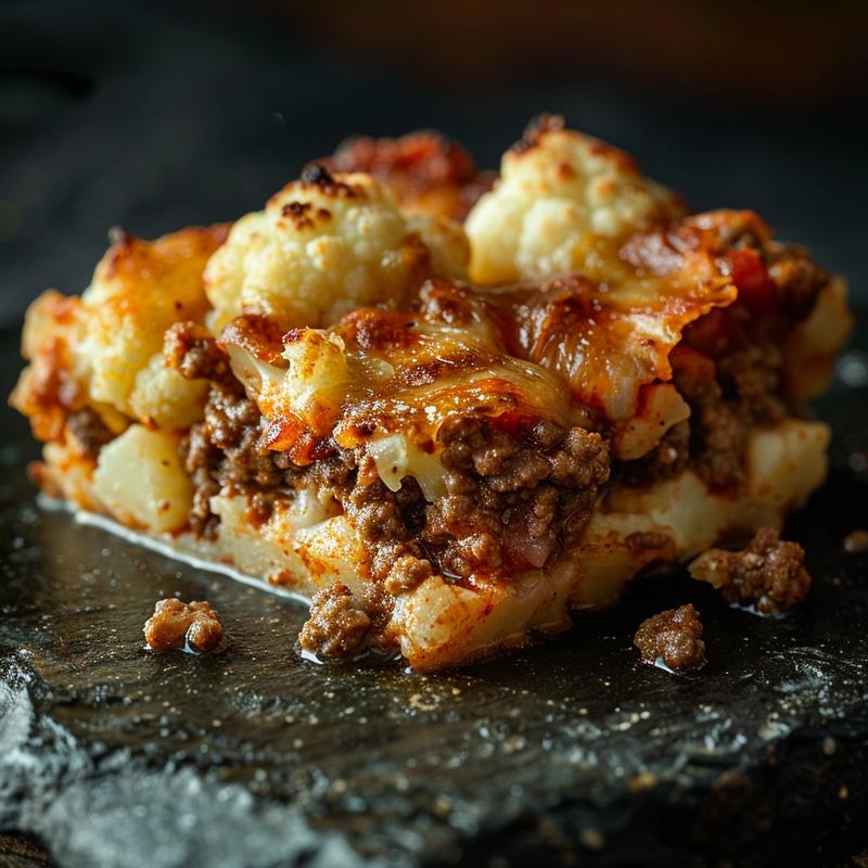 Close-up of a low carb ground beef casserole topped with cauliflower, showcasing rich textures on a dark stone countertop.