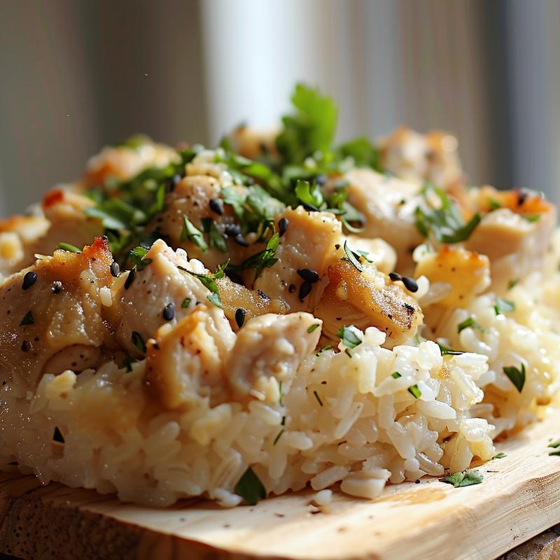 Close-up of a portion of chicken rice bake on a light wooden board.