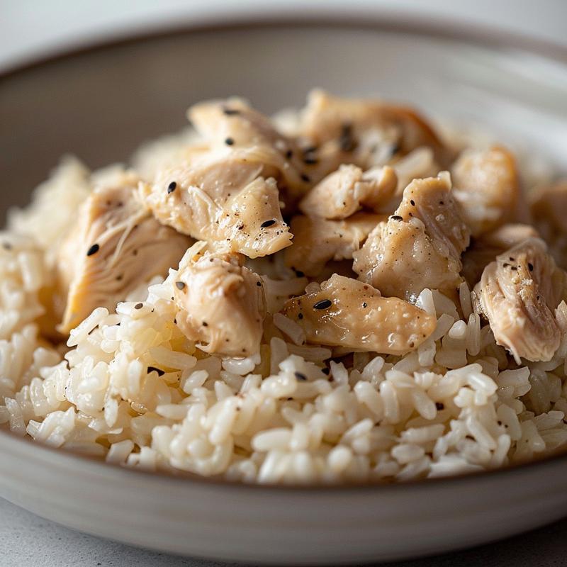Close-up of a delicious portion of chicken and rice on a grey plate.