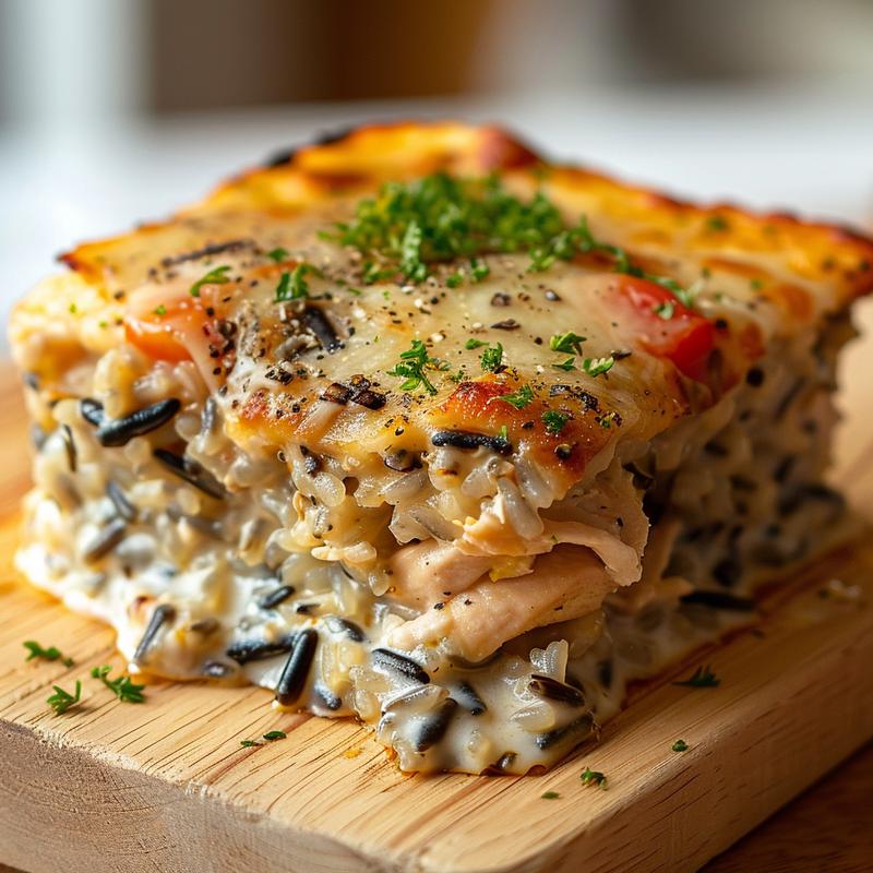 Close-up of a creamy chicken and wild rice casserole served in a minimalist style on a light wooden board.