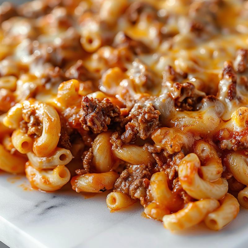 Close-up of a cheesy beef macaroni casserole on a white marble surface.