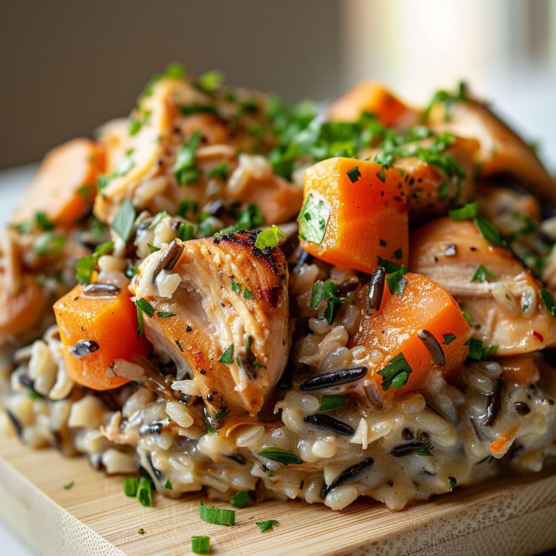 Close-up view of a creamy chicken wild rice casserole on a wooden board, highlighting its texture.