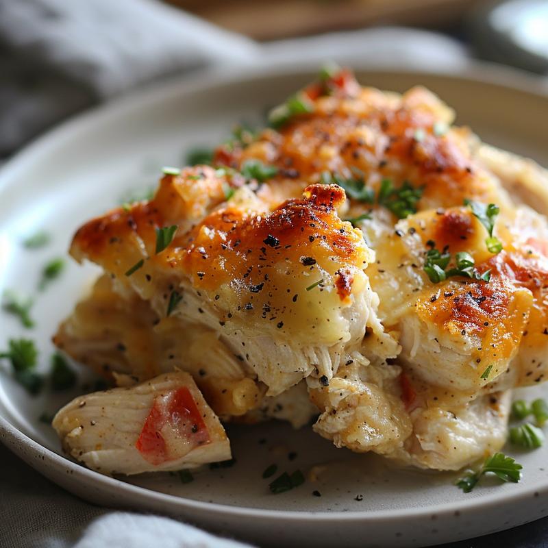 A close-up shot of a portion of low carb chicken casserole on a light grey plate.