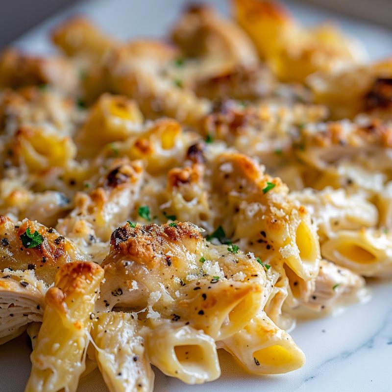 Close-up of creamy Tuscan chicken pasta bake topped with garlic parmesan on a white marble surface.