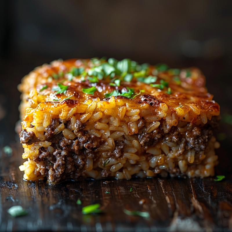 Close-up of a delicious ground beef and rice casserole on a rustic wooden table.