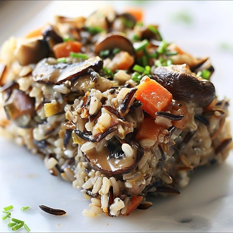 A close-up view of a portion of wild rice and mushroom casserole on a white marble surface, showcasing its rich textures and colors.