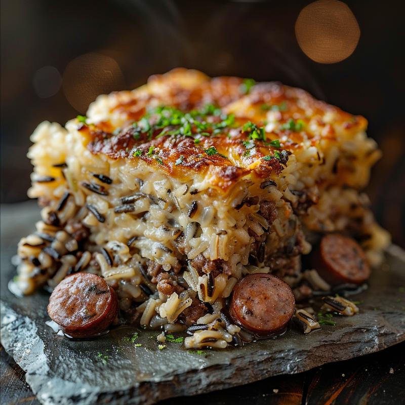 Close-up of beef sausage and wild rice casserole on a rustic plate with dramatic lighting.