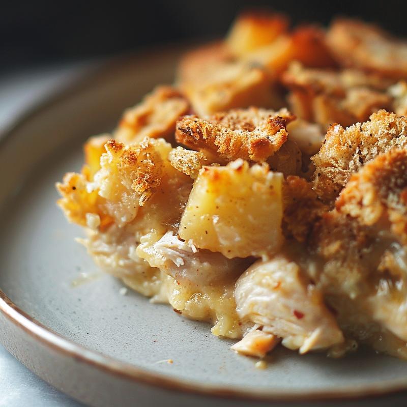 Close-up view of a delicious chicken casserole on a light grey ceramic plate, showcasing texture and layers.