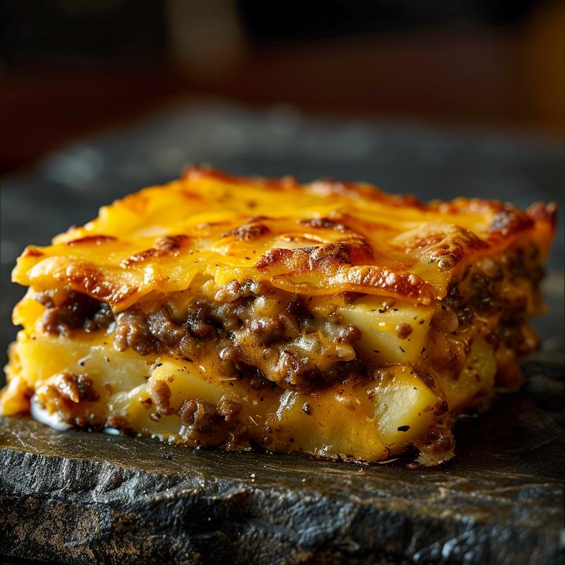 A close-up shot of cheesy hamburger potato casserole with a golden crust on a dark stone countertop.