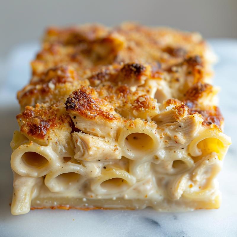 Close-up of baked chicken alfredo pasta, creamy sauce, and cheese on a marble surface.
