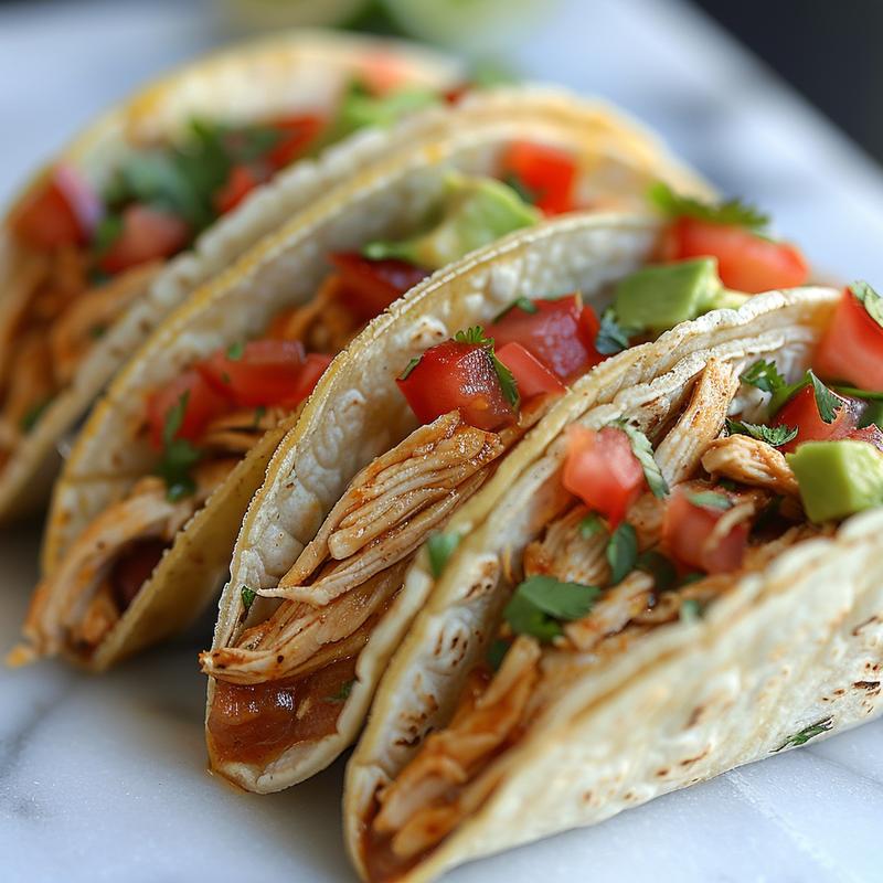 A close-up of a delicious portion of crockpot chicken tacos on a white marble surface.