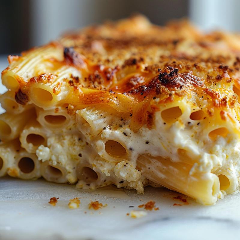 Close-up of a creamy cottage cheese pasta bake on a marble surface.