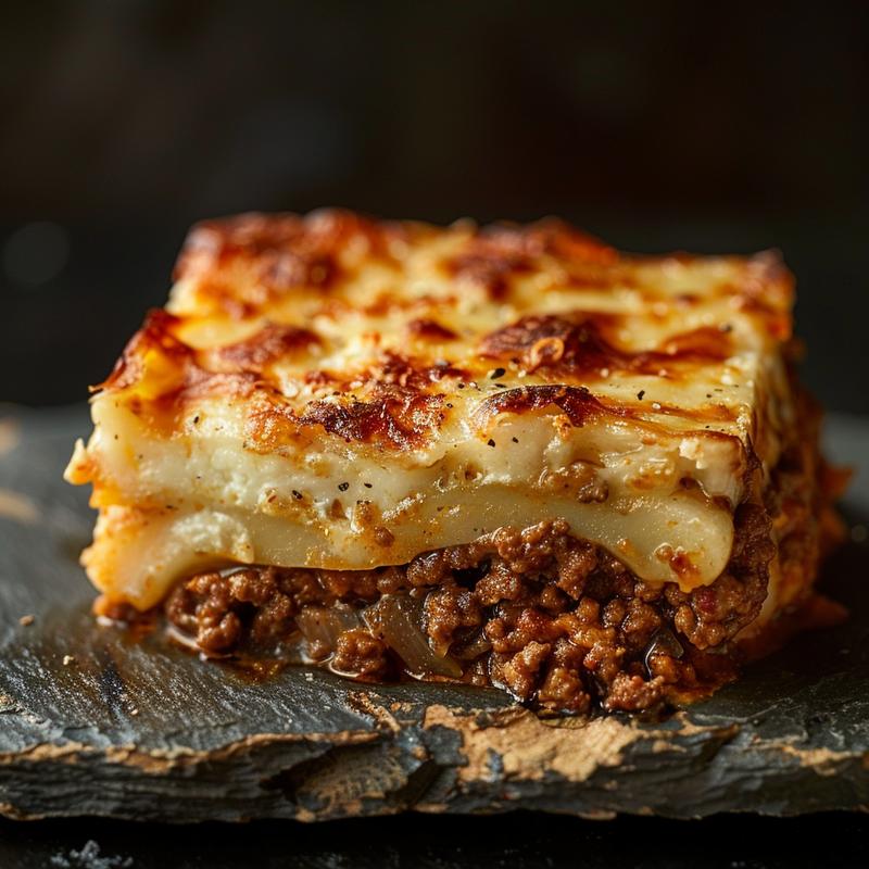 A close-up of a creamy dairy-free ground beef casserole served on a rustic slate plate.