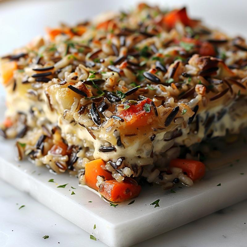 A close-up of a steaming portion of wild rice casserole with visible grains and colorful vegetables.
