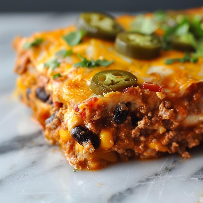 Close-up view of a cheesy Mexican casserole served in a minimalist setting.
