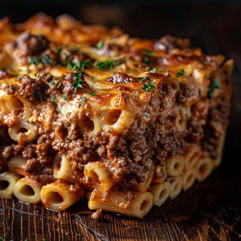 Close-up of a ground beef and pasta casserole, showcasing rich textures and golden-brown edges.