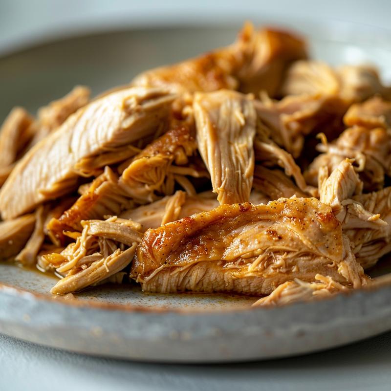 Close-up of tender, shredded chicken served on a light grey ceramic plate.