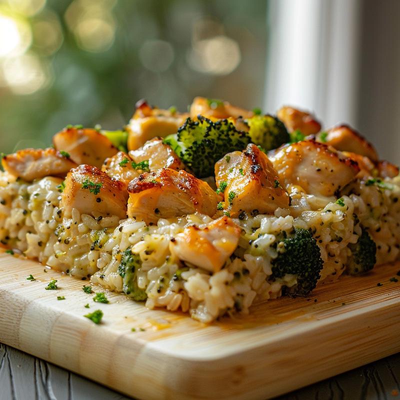 Close-up of a portion of skinny cheesy chicken and broccoli rice casserole on a wooden board, showcasing its creamy texture.