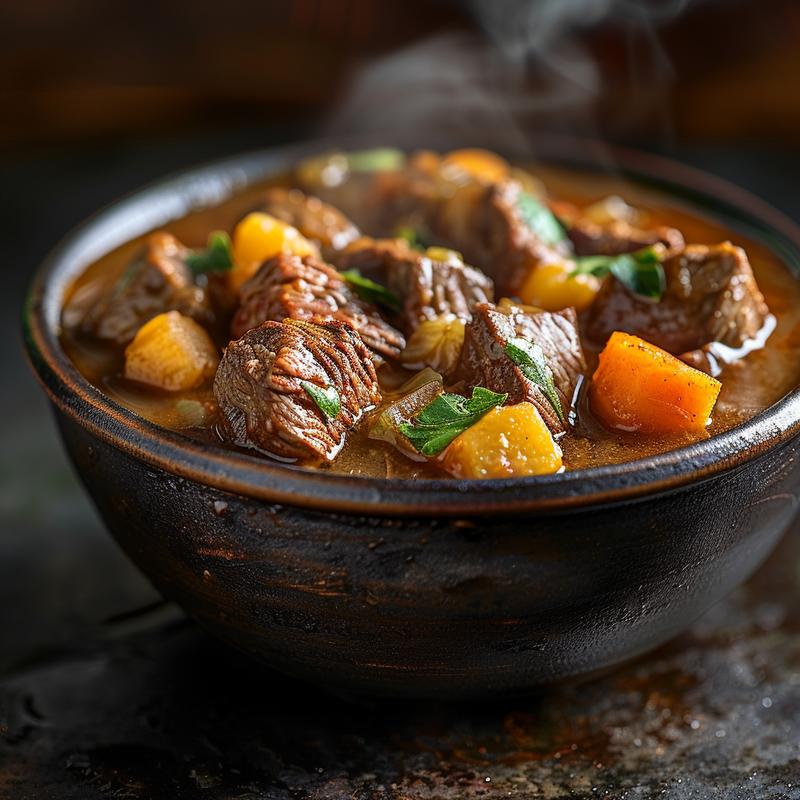 Close-up of a steaming bowl of beef stew in a rustic setting.