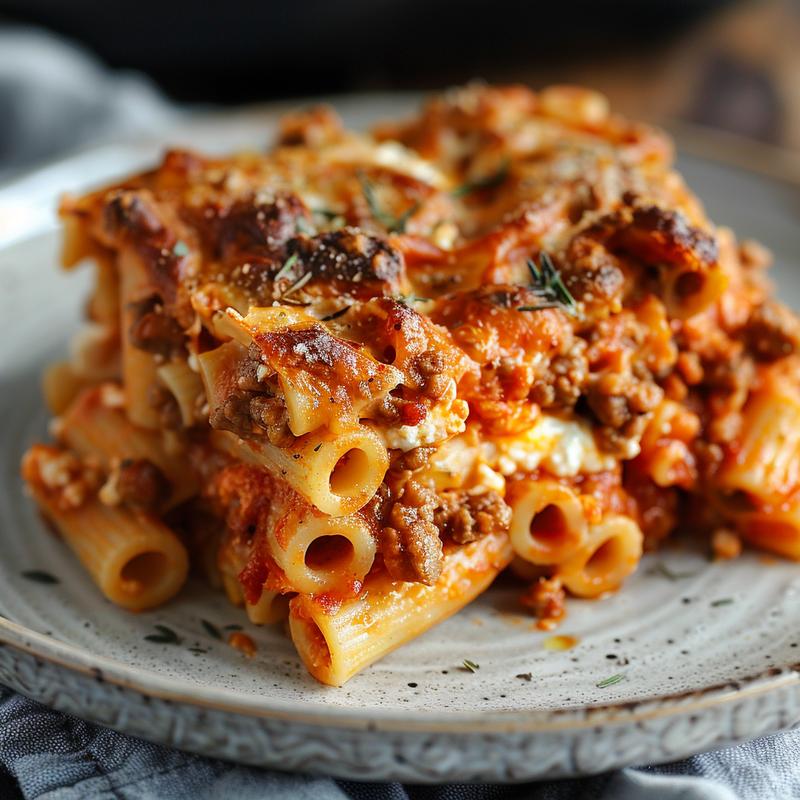 Close-up of a creamy ricotta pasta bake on a light grey ceramic plate.