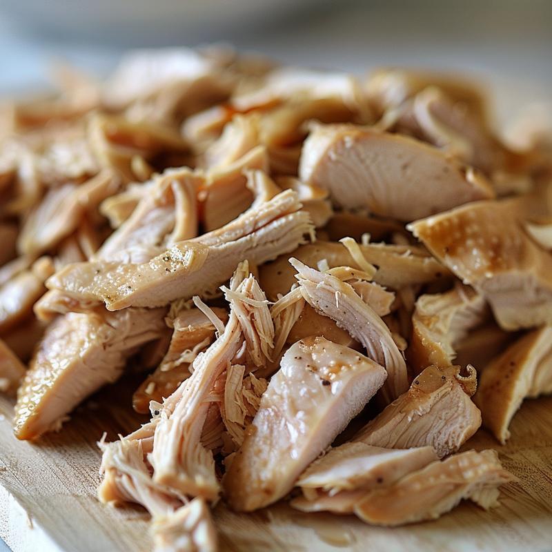 Close-up of juicy shredded chicken on a natural wood board with soft shadows.