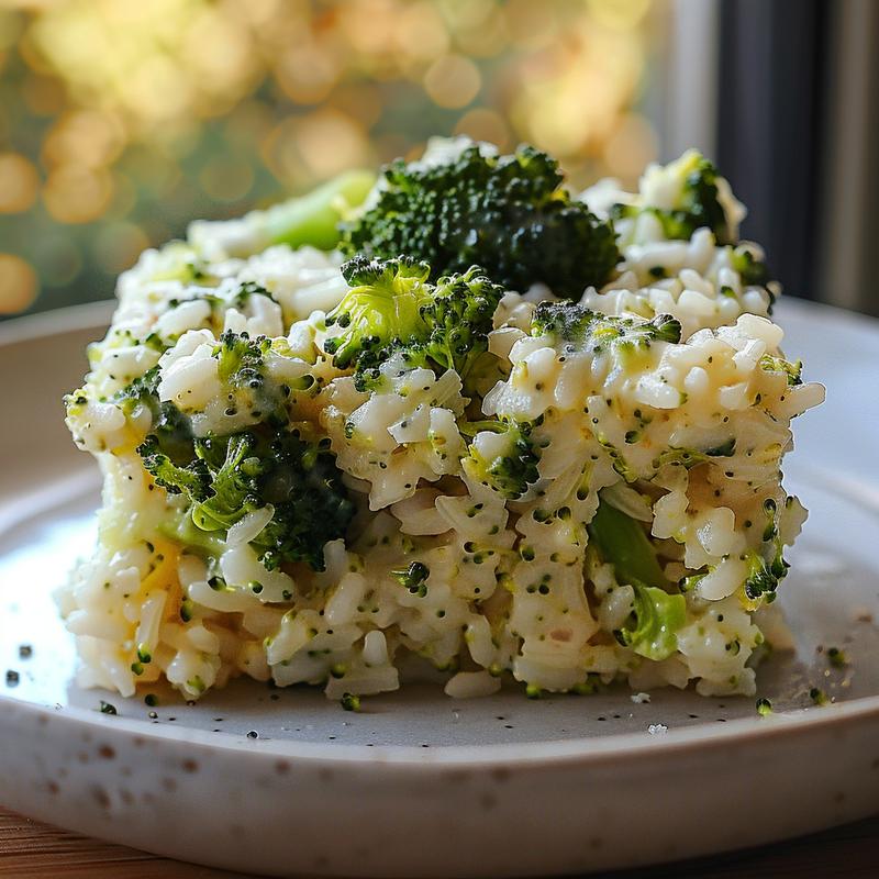 Close-up view of broccoli rice casserole on a light grey plate with soft shadows.