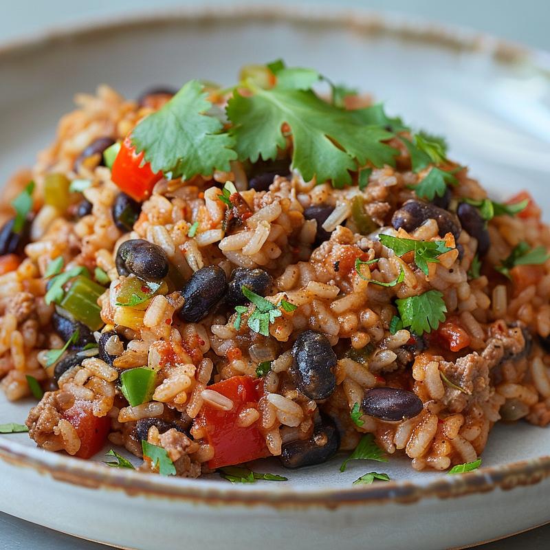 Close-up of a serving of Mexican rice casserole on a light grey plate.