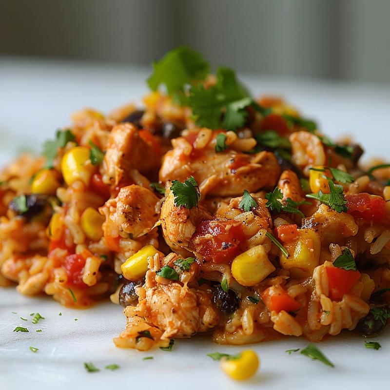 Close-up of a portion of Mexican chicken and rice casserole on a white marble surface.