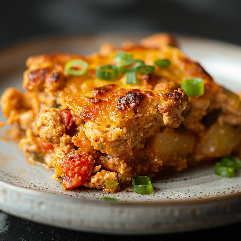 A close-up view of a chicken tamale casserole served on a light grey ceramic plate.