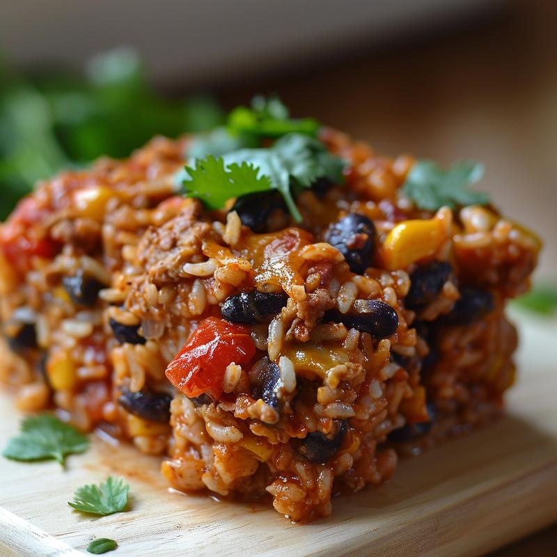 Close-up view of a colorful vegetarian Mexican rice casserole served on a light wood board.