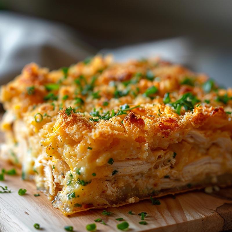 Close-up view of a portion of million dollar chicken casserole on a wooden board.