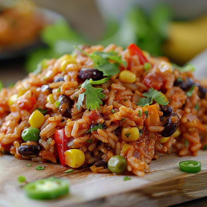 Close-up of a colorful portion of Mexican rice casserole on a wooden board.