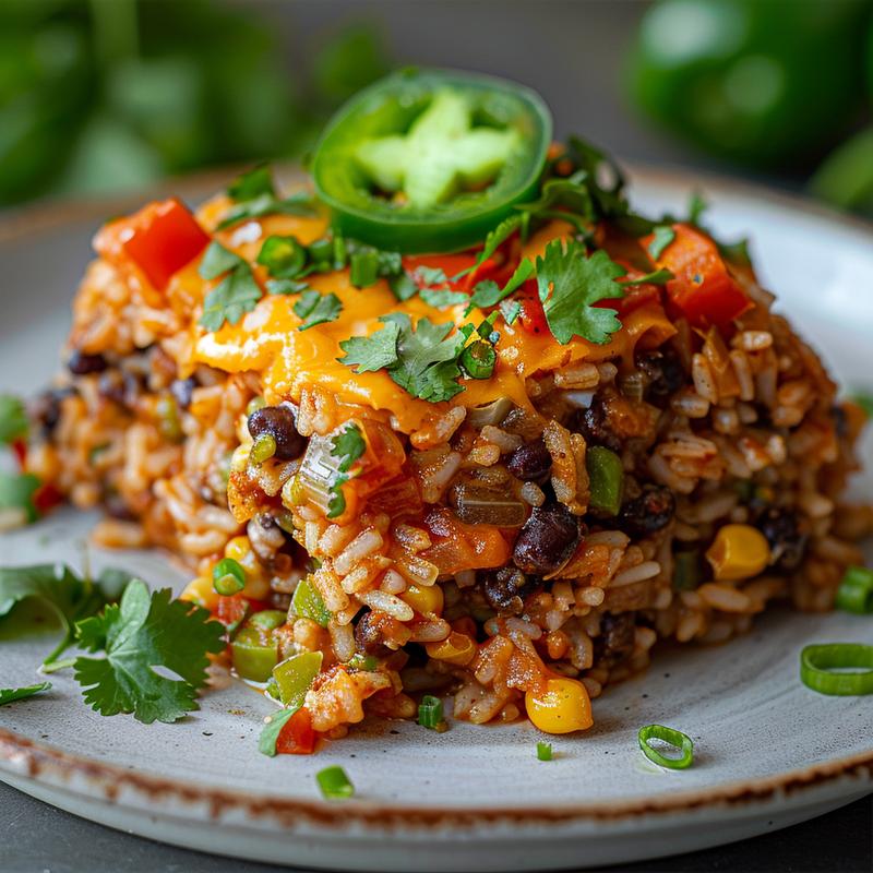 A close-up of a delicious Mexican rice casserole served on a light grey ceramic plate with a textured surface.