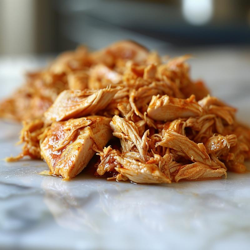 Close-up of succulent Mexican shredded chicken on a marble surface, showcasing its texture.