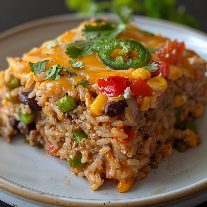 A close-up view of a serving of Tex Mex rice casserole on a light grey plate.