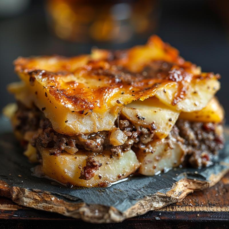 Close-up of a portion of hamburger and potato casserole on a rustic slate plate, highlighting its texture and richness.
