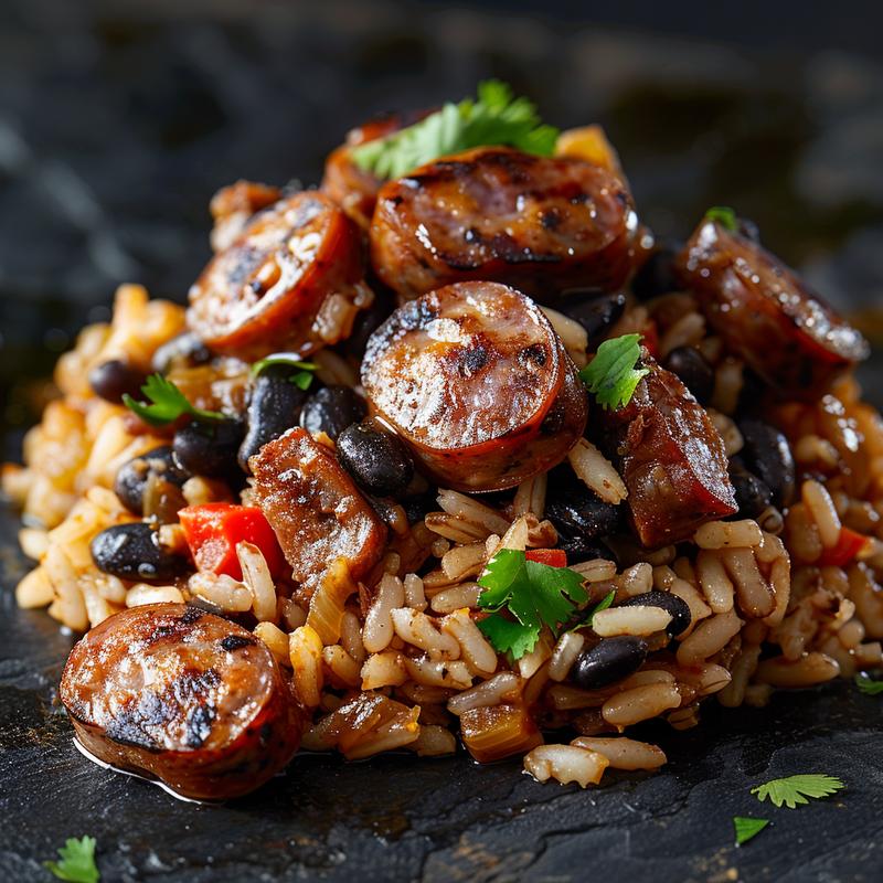 Close-up of a portion of black beans and rice topped with sausage on a dark stone surface.