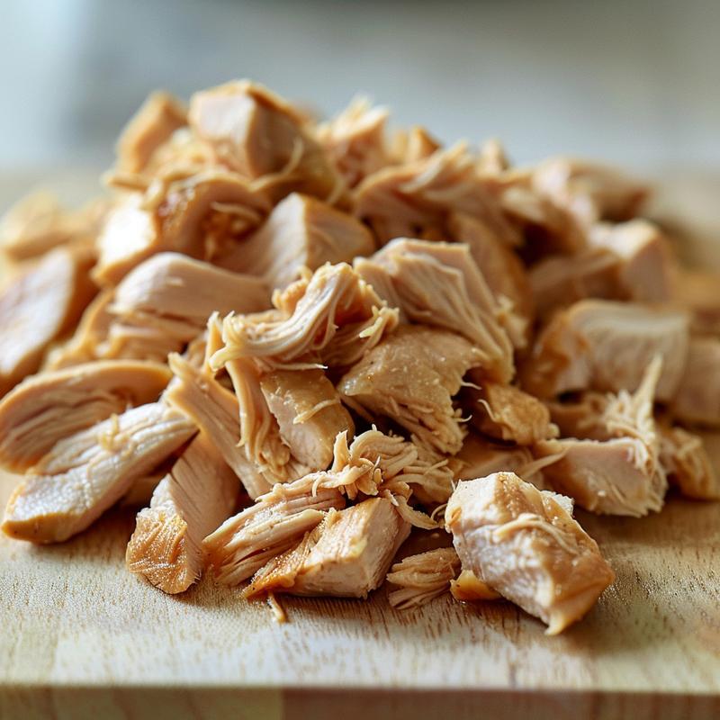 Close-up shot of tender shredded chicken on a wooden board, highlighted by natural light.