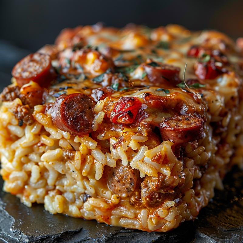 Close-up of a cheesy rice bake topped with loaded Cajun chicken sausage on a dark stone countertop.