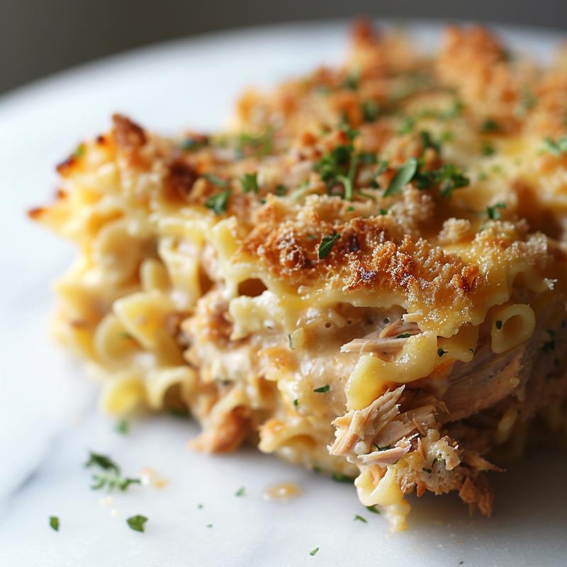 Close-up view of a creamy tuna noodle casserole on a white marble surface.