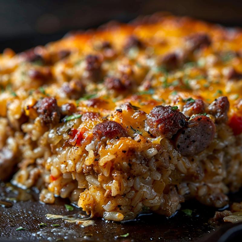 Close-up of a cheesy sausage and rice casserole served on a cast iron surface.